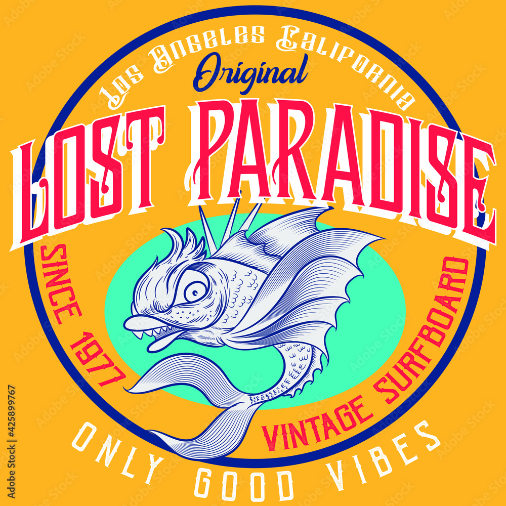 Fototapeta premium Illustration vector cool fish with surfboard design and text background 