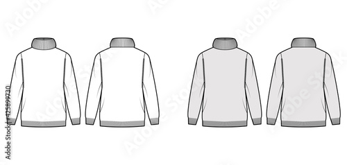 Sweater Exaggerated Turtleneck technical fashion illustration with long sleeves  oversized  hip length  knit rib trim. Flat apparel front  back  white grey color style. Women  men unisex CAD mockup