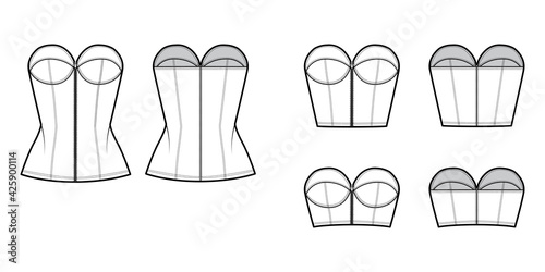 Set of Denim corset tops bustier technical fashion illustration with basque, strapless, zip-up closure, fitted body. Flat apparel template front, back, white color. Women, men, unisex top CAD mockup