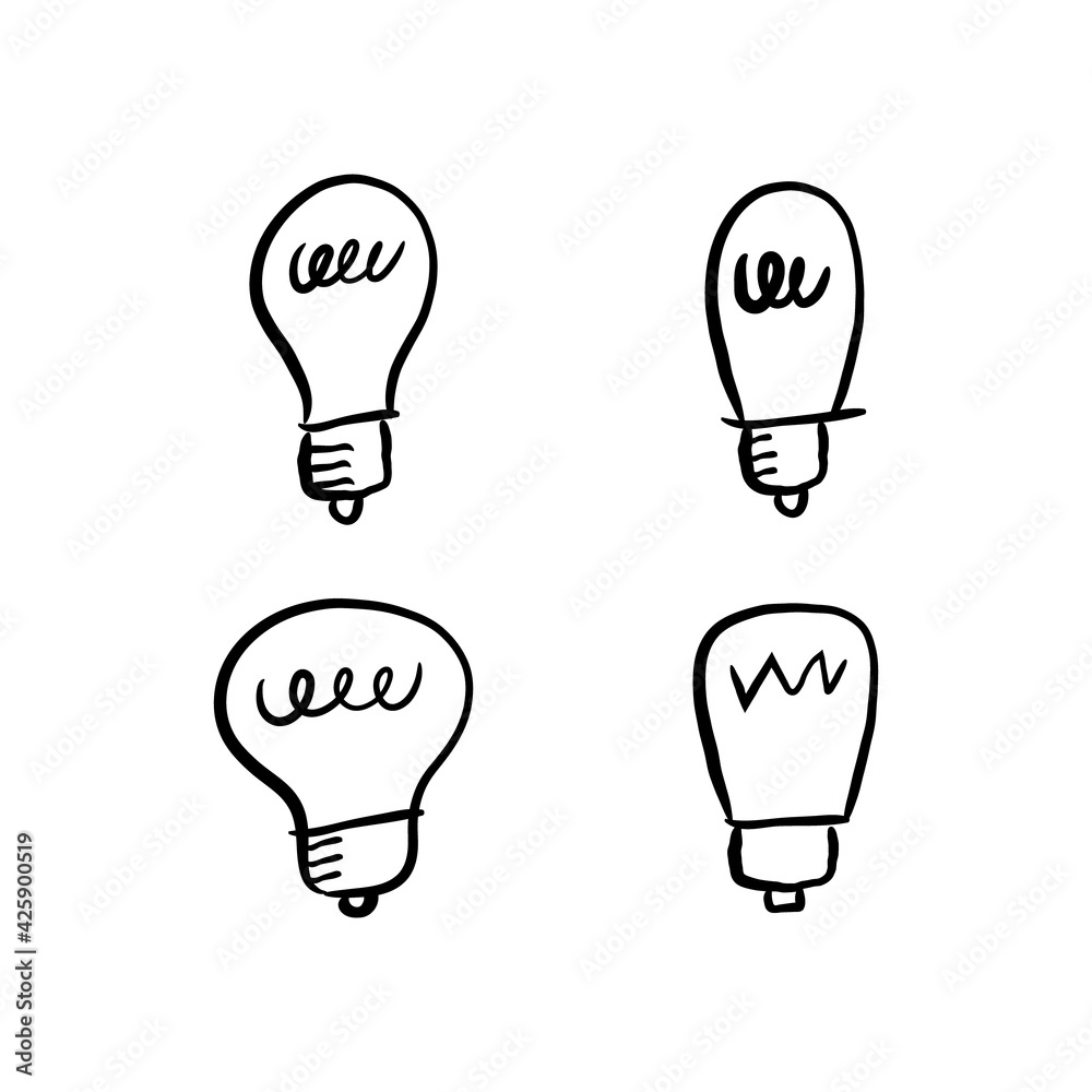Fototapeta premium Light bulb doodle collection. Hand drawn simple electric lamps, symbols of ideas, solutions, innovation and creativity.