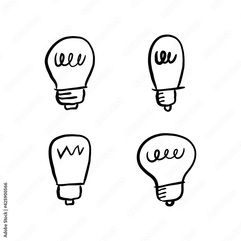 Light bulb doodle collection. Hand drawn simple electric lamps, symbols of ideas, solutions, innovation and creativity. Light bulb doodle collection. Hand drawn simple electric lamps, symbols of ideas, solutions, innovation and creativity.