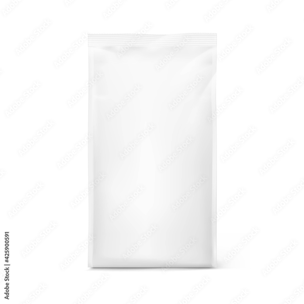 Quad seal bag with vertical gussets. Frontal view. High realistic detail. Ready for your design. Suite for the presentation of coffee, food, for pets, household, etc. EPS10. Quad seal bag with vertical gussets. Frontal view. High realistic detail. Ready for your design. Suite for the presentation of coffee, food, for pets, household, etc. EPS10.