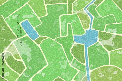 Vector illustration. Minimalist cartoon backdrop. Environment. Aerial view. Fields and river on map. Linear pattern. Design element for web banner, wallpaper, background, poster. Vintage style.