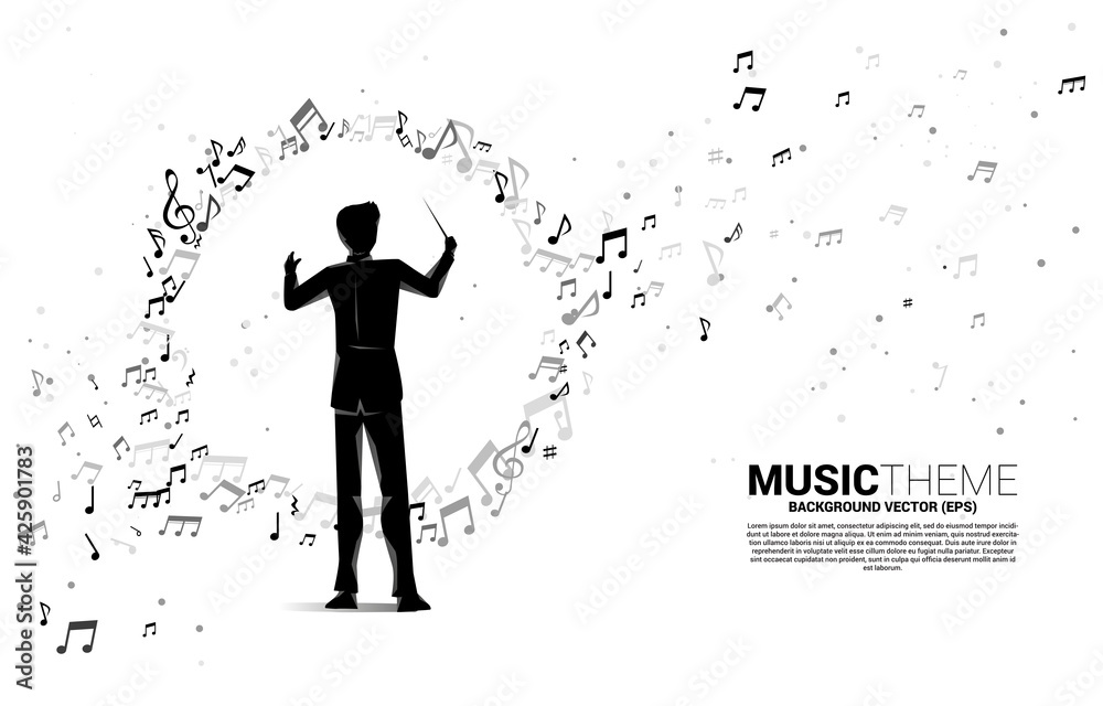 Vector silhouette of conductor with music melody note dancing flow . Concept background for classic music concert and recreation. Vector silhouette of conductor with music melody note dancing flow . Concept background for classic music concert and recreation.