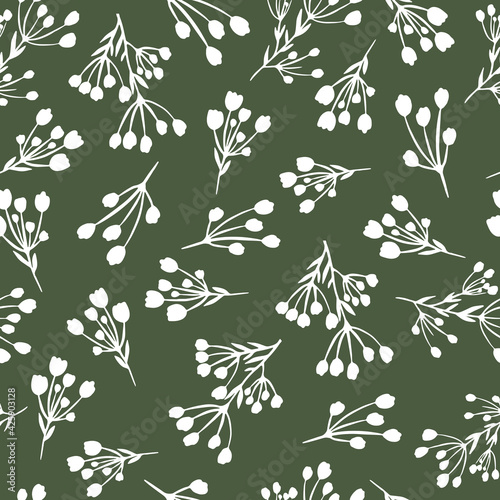 Seamless Pattern Small White Flowers Green Background Design Vector Illustration