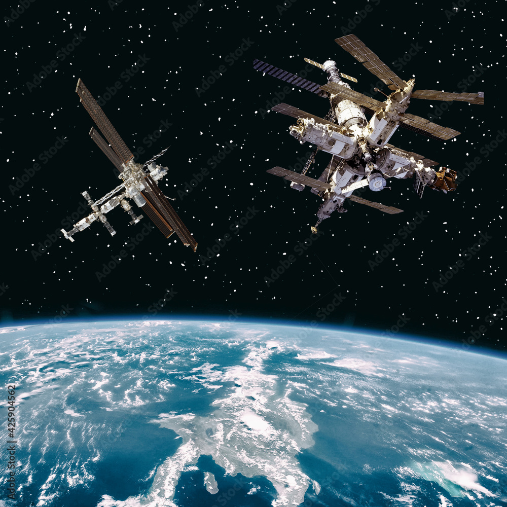 Obraz premium Different spaceships above the earth globe. The elements of this image furnished by NASA.