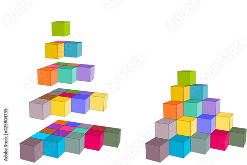 construction steps of a pyramid or tower of stacked cubes, colored building block toys, 3d vector isolated on white background. perspective view