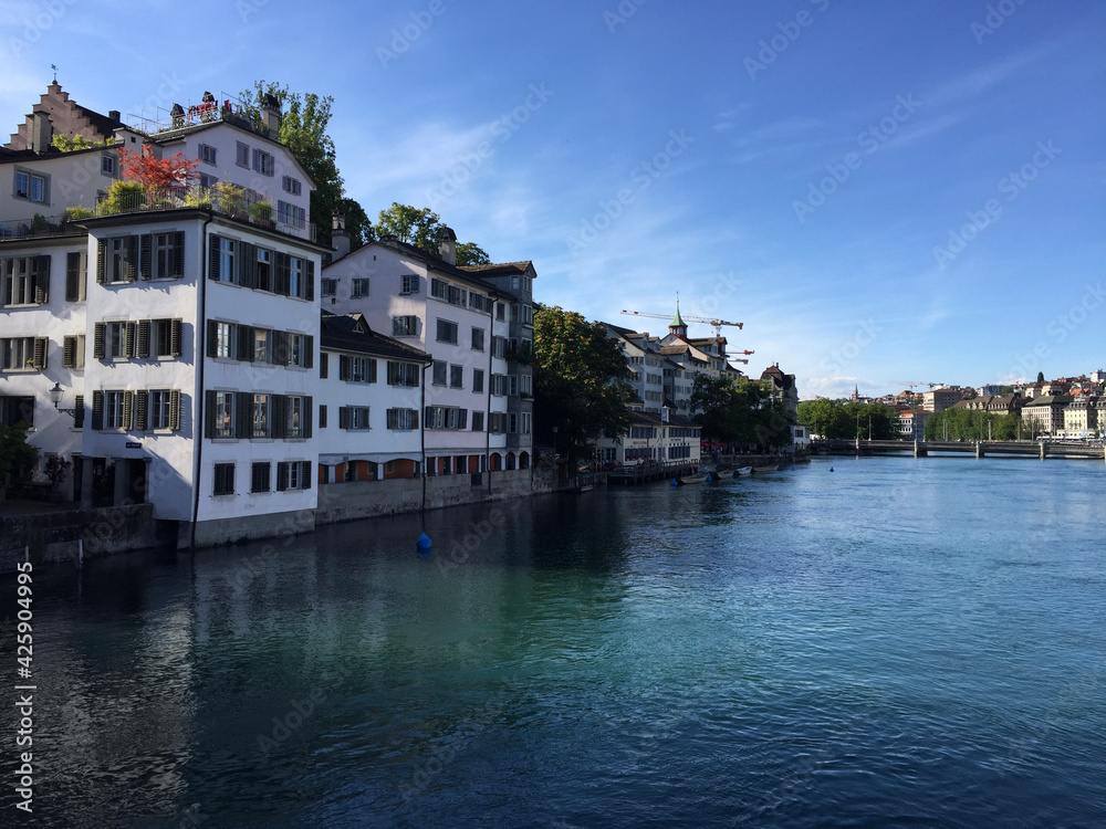 Buildings of the historical district Schipfe, on the banks of the Limmat River,  in the city of Zurich. The Schipfe is one of the oldest parts of the city of Zurich, the largest city in Switzerland