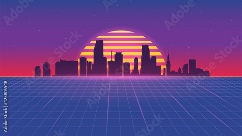  retro 80s vector illustration with rising sun and miami skyline