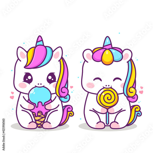 cute happy unicorn eating lolipop and ice cream