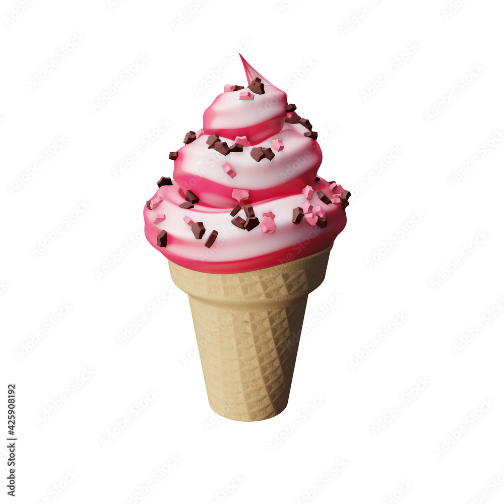 Ice cream in a wafer cone 3d illustration. Isolated on white background. Soft serving. Cafe menu. Icon. Ice cream in a wafer cone 3d illustration. Isolated on white background. Soft serving. Cafe menu. Icon.