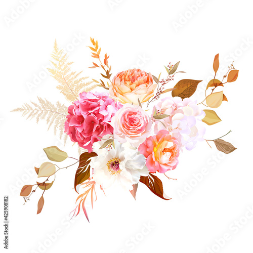 Trendy dried palm leaves, blush pink rose, orange ranunculus, white hydrangea
