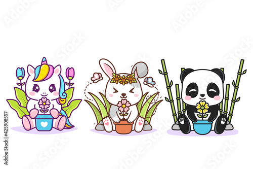cute animals in spring illustration