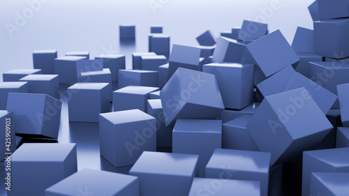 Abstract 3d rendering of chaotic cubes. A poster with random cubes in an empty space. Business concept. Futuristic background. Many flying cubes on a white background. 3d render illustration.