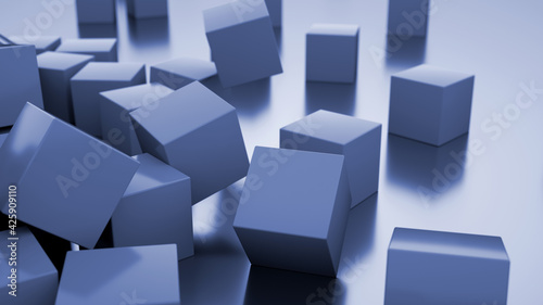 Abstract 3d rendering of chaotic cubes. A poster with random cubes in an empty space. Business concept. Futuristic background. Many flying cubes on a white background. 3d render illustration.