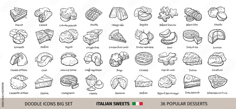 Big collection of traditional Italian desserts. Hand drawn sketch in doodle style.