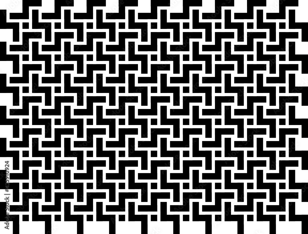 Patrón de ángulos negros en zig zag con cuadrados pequeños negros en el interior sobre fondo blanco