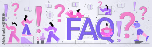 businesspeople ask questions and receive answers near FAQ word online support center frequently asked questions