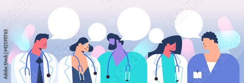 group of medical doctors discussing during meeting chat bubble communication healthcare medicine concept