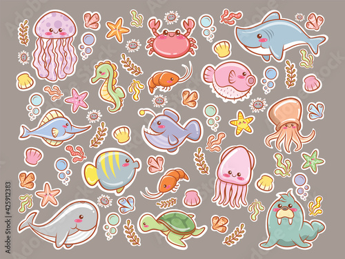 set of a cute sea animal sticker. cartoon character and illustration.