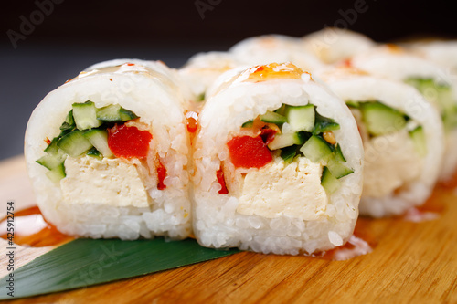 Sushi rolls with vegetables and tofu, vegan food