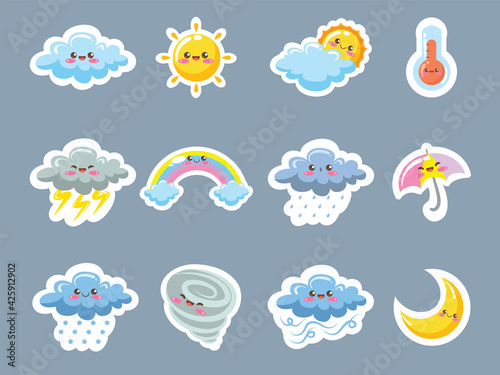 set of cute weather icons sticker style. cartoon character and illustration.