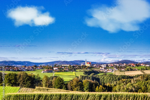  Panorama view at the rural landscape between the small towns Obernzell and Wegscheid in lower bavaria, germany photo