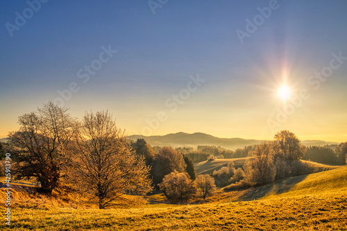 Rural landscape view at fields and meadows near Ranfels, a small village in lower bavaria, germany, during sunset