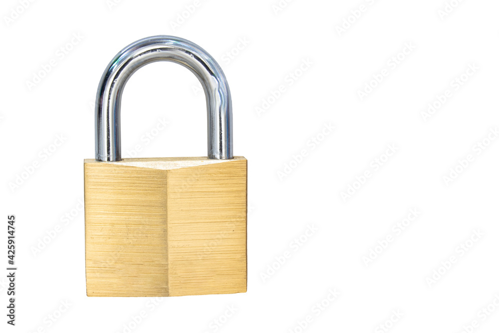 A Lock with Solid Brass Keyed Different Padlock with Shackle on a white background. A Lock with Solid Brass Keyed Different Padlock with Shackle on a white background.
