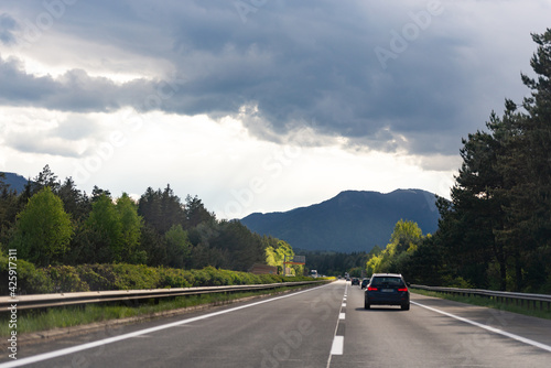 The A2 highway. Austria. Spring 2019. Highway through Austria from Slovakia to Italy. Photo from the car window.