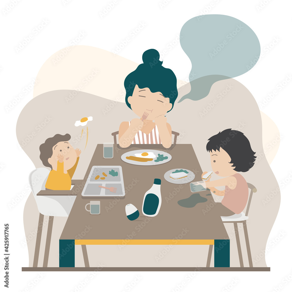 Tired mommy with her children along meal, flat cute character design, kids making mess on their dining table Tired mommy with her children along meal, flat cute character design, kids making mess on their dining table