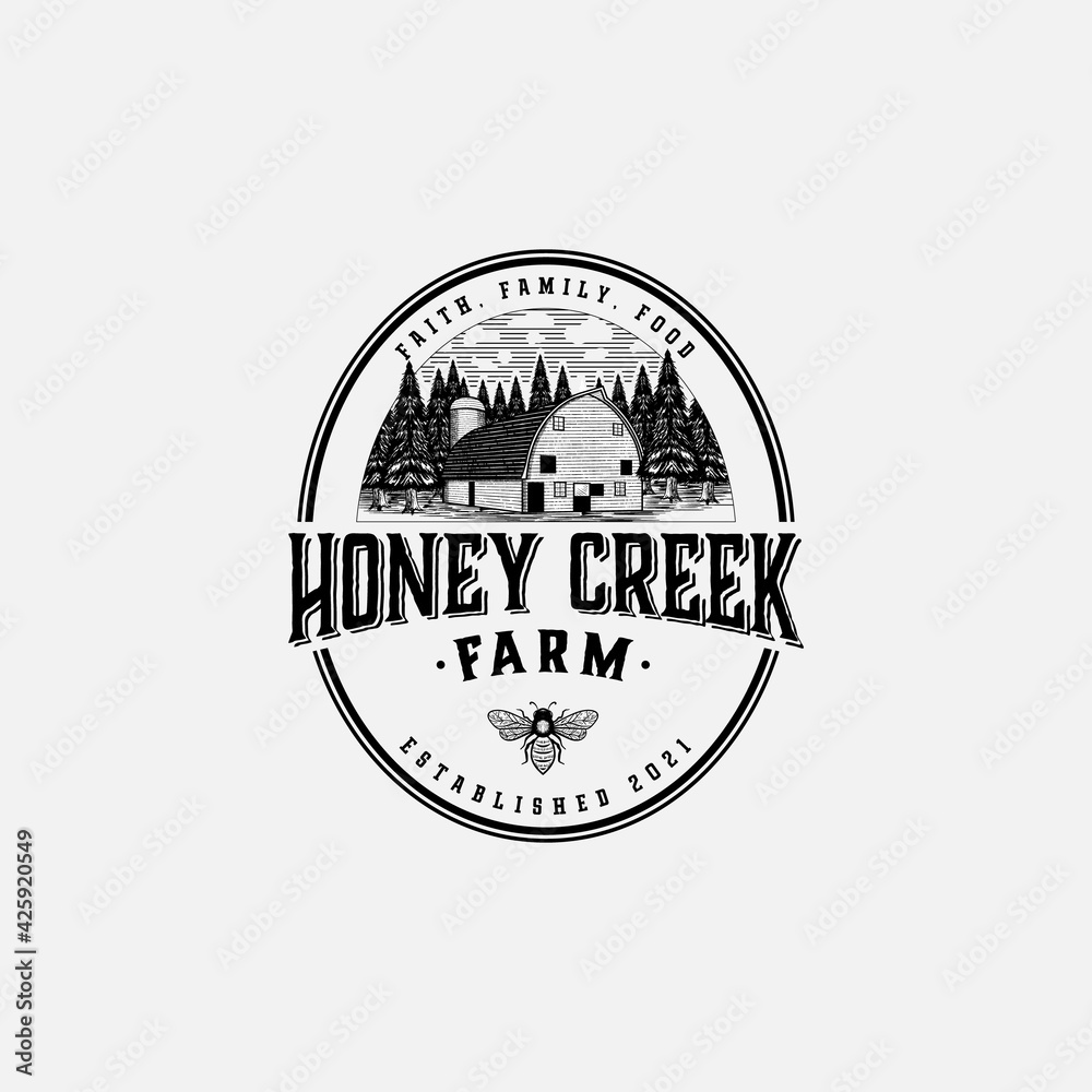 Obraz premium Barn Vintage Hand Drawn Logo Design Illustration For Bee Farm