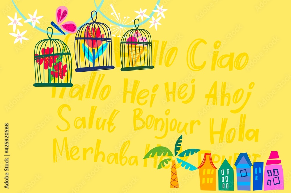Beautiful Yellow summer background with the blossom branch, bird cages. Bright illustration, can be used as invitation card for wedding, birthday and other holiday and cute summer background.