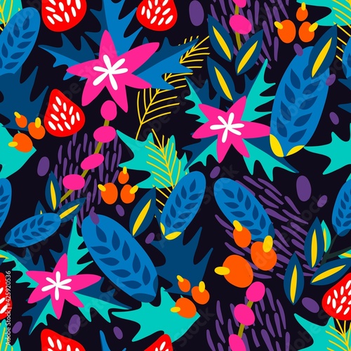 Floral vector seamless pattern in bright colors with wintery vibe. Perfect for greeting cards, wrapping paper, blogs, packing and ect.
