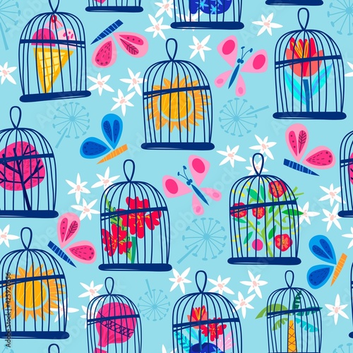 Blue Vector seamless pattern of bird cages, butterflies flowers in a cute color palette. Vector Summer background.