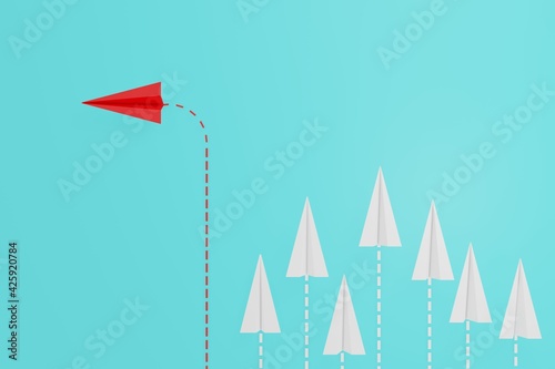 3D render of one red paper airplane changing in different way from the group of white paper airplane on blue background. Business for innovative solution concept, 3D illustration.