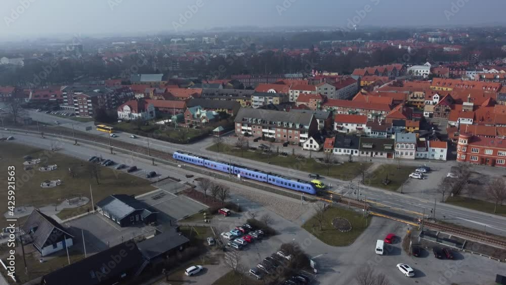 Aerial view of Ystad in sweden - view on road and train