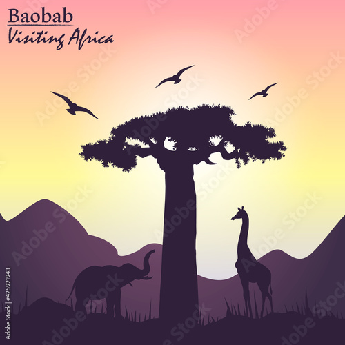 Sunset in Africa silhouette with baobab tree, giraffe and elephant vector illustration