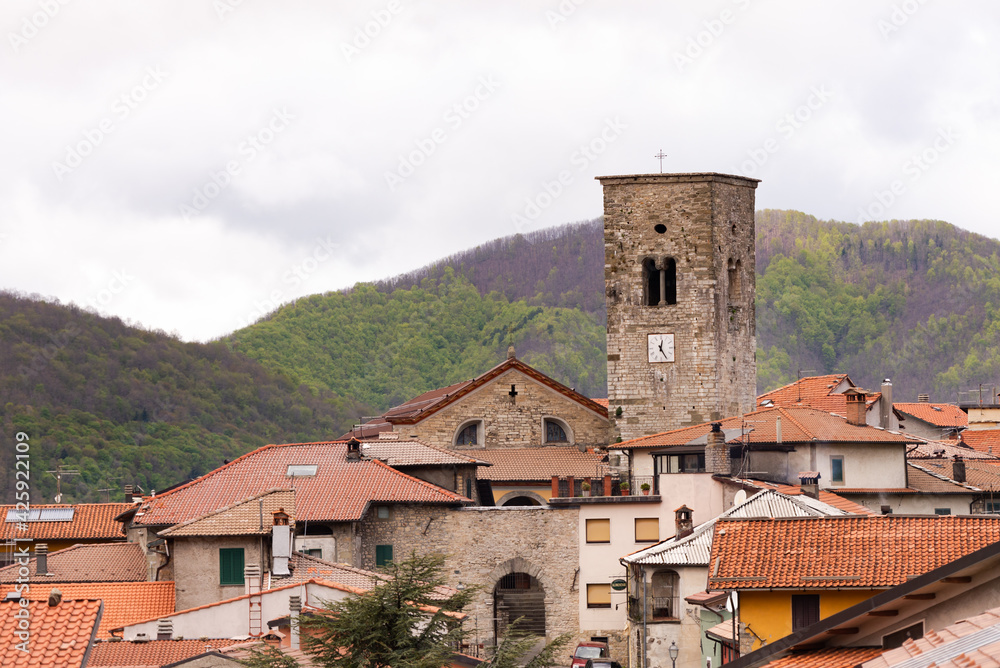 Small village in Tuscany. Ston. e houses and tiled roofs in Italy. Medieval town in the mountains.
