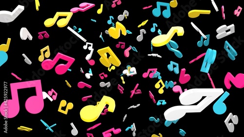 Colorful musical notes on black background. 3D rendering abstract illustration.