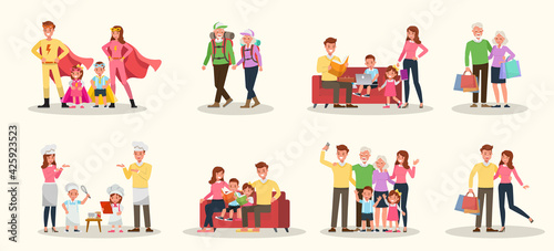 Set of Happy family people mother, father, grandparents and children together character vector design. Presentation in various action with emotions, running, standing and walking. no10