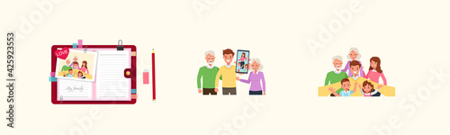Set of Happy family people mother, father, grandparents and children together character vector design. Presentation in various action with emotions, running, standing and walking. no12