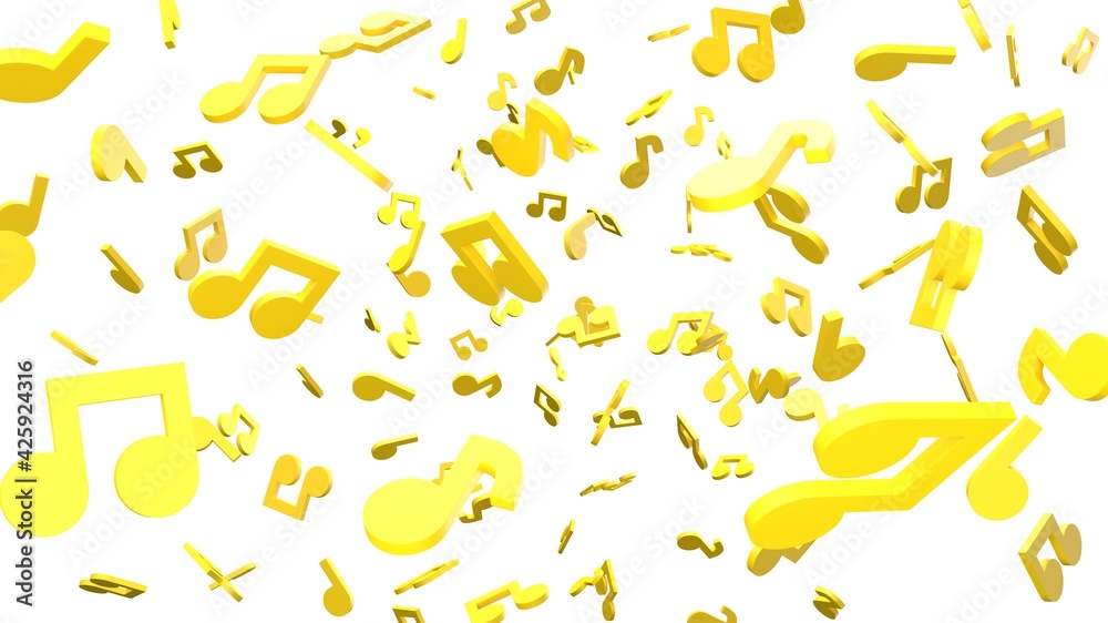 Fototapeta premium Yellow musical notes on white background. 3D rendering abstract illustration. 