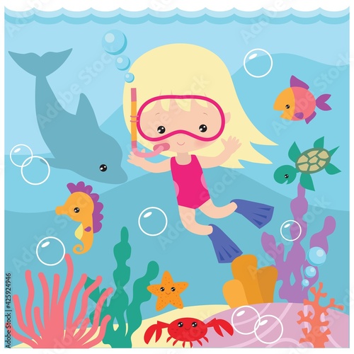 Snorkeling girl vector cartoon illustration