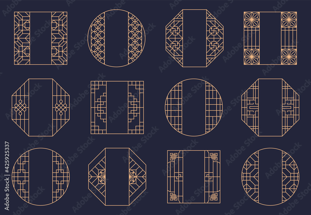 Vector set of oriental art for chinese design. Asian frame, border, knot for new year ornament. Japanese decorative patterns. Traditional vintage asian elements.
