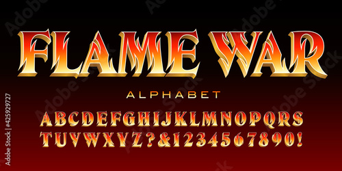 Flame War; a stylized serif font with outlines suggesting fire or licking flames. Good for banners, game logos, movie titles, etc.