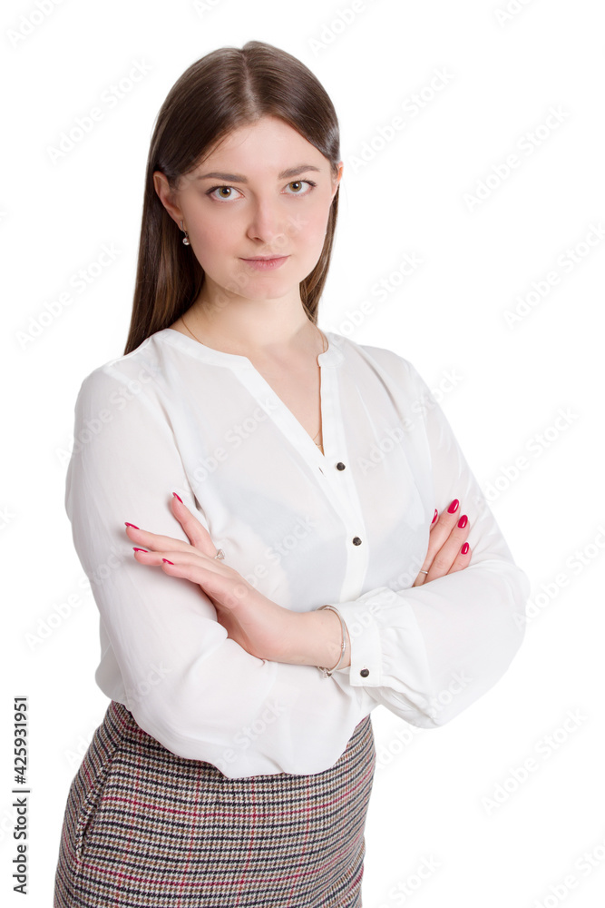 portrait of a young businesswoman in white shirt and plaid skirt. portrait of a young businesswoman in white shirt and plaid skirt.