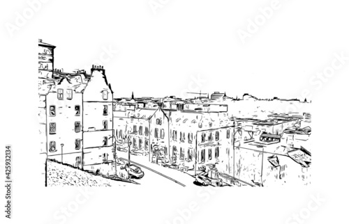 Building view with landmark of Edinburgh is the 
capital of Scotland. Hand drawn sketch illustration in vector.