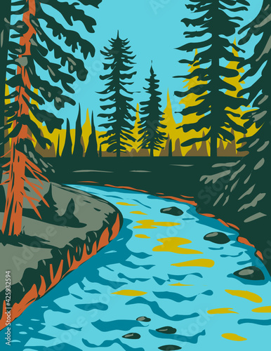 WPA poster art of Apache?Sitgreaves National Forests along the Mogollon Rim and the White Mountains in east-central Arizona and into the U.S. state of New Mexico in works project administration style.