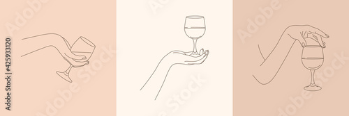 Set of Woman's Hands Holding a Wineglass of in Minimal Trendy Style . Vector Line Illustration of Female Hands
